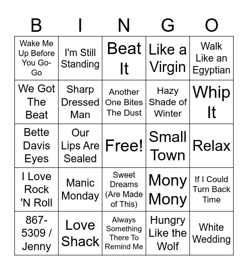 80's Hits Bingo Card