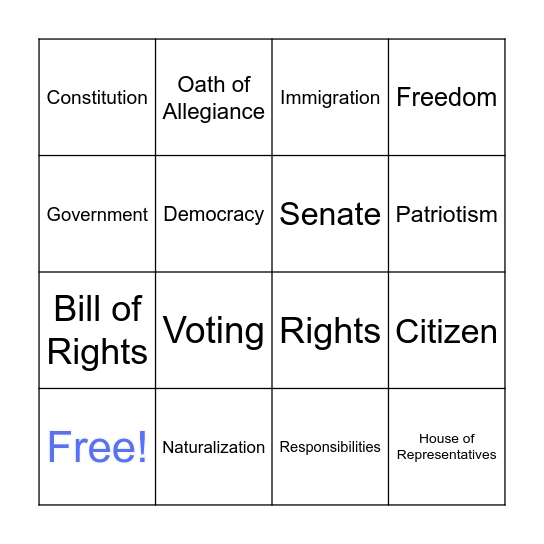 Naturalization Vocabulary Bingo Card