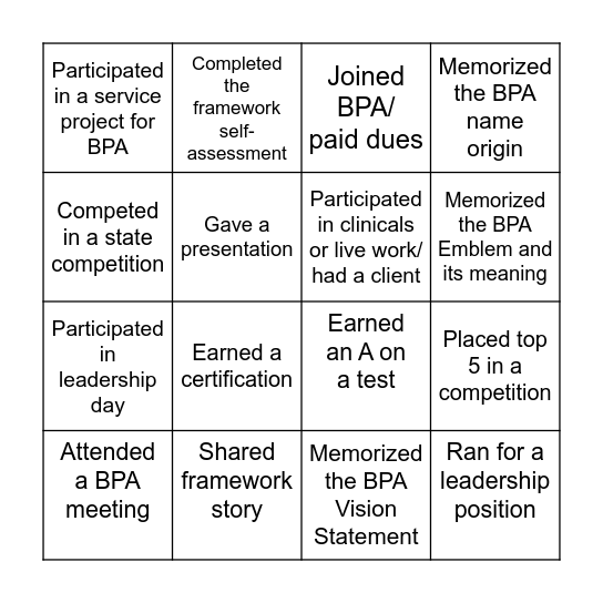BPA Bingo Card
