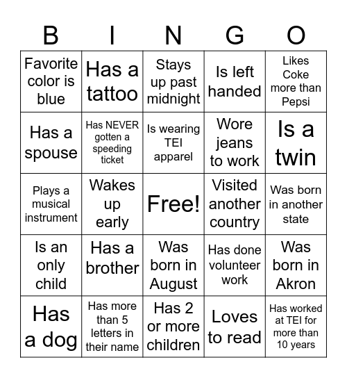 TEI Fun Fact Friday Bingo Card