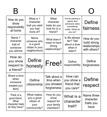 Character Development Bingo Card