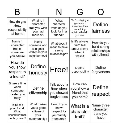 Character Development Bingo Card