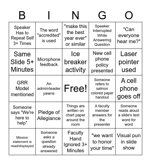 Back to School Meeting Bingo Card