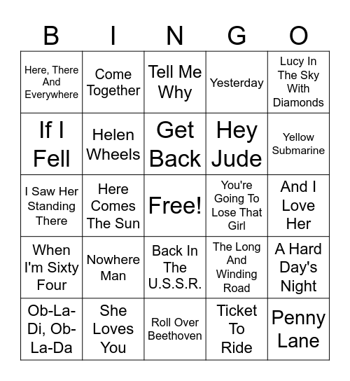 The Beatles Bingo Card