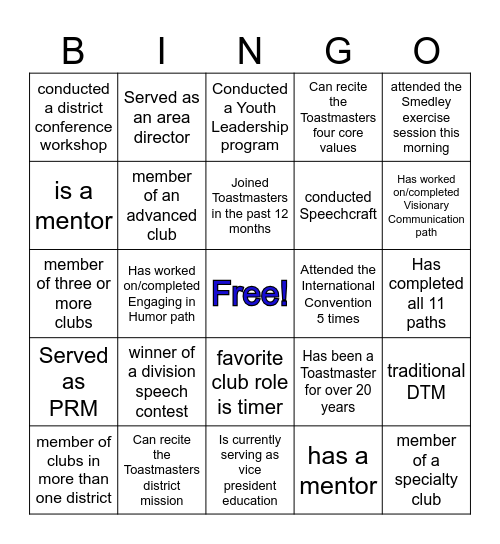 Region 5 Toastmasters Bingo Card