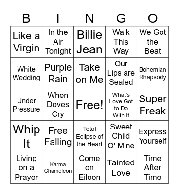 80's Music Bingo Card