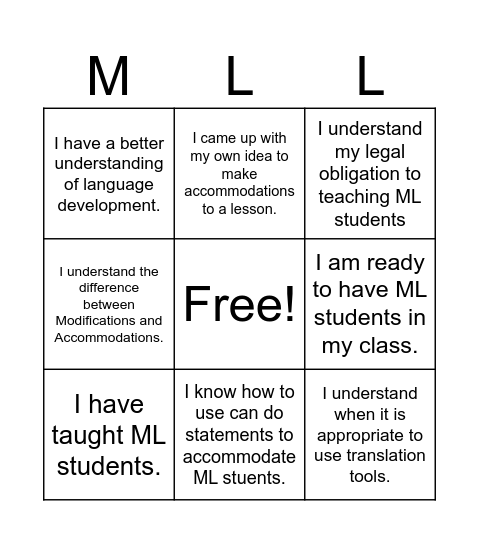 Accommodating MLL Bingo Card