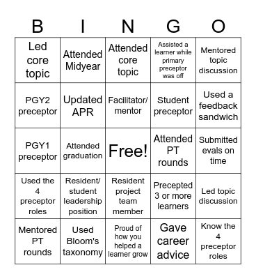 Preceptor Bingo Card