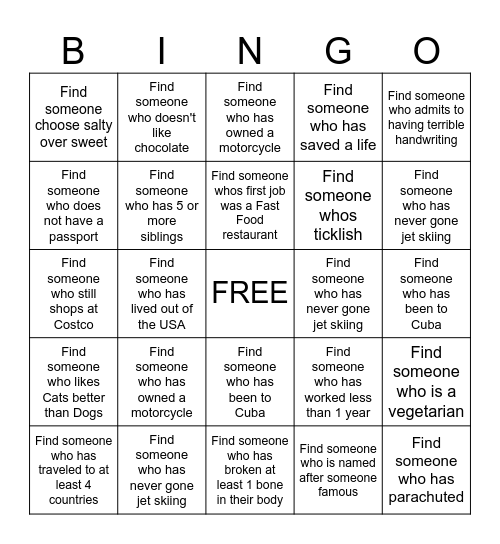 GET TO KNOW YOU Bingo Card