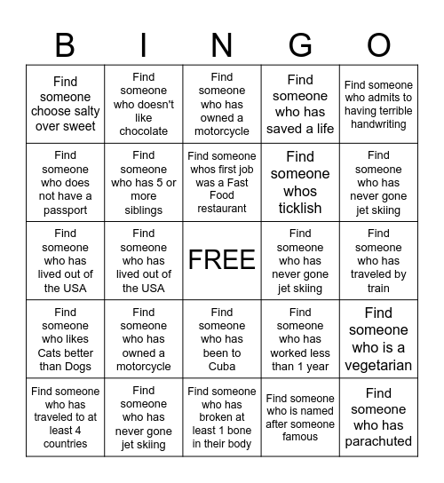 GET TO KNOW YOU Bingo Card