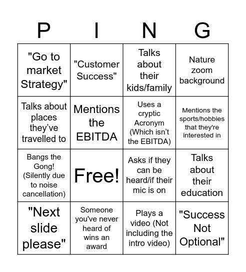 Weekly Pingo Bingo Card