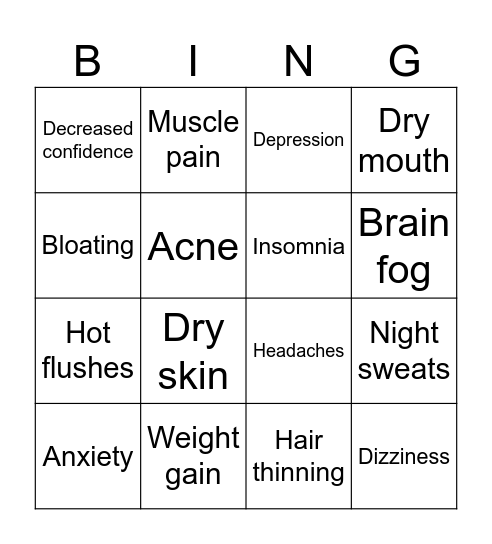 Menopause Symptoms Bingo Card