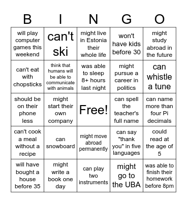 Modal Verbs: Find someone who... Bingo Card