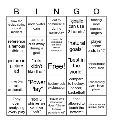 Olympic Water Polo Coverage Bingo Card