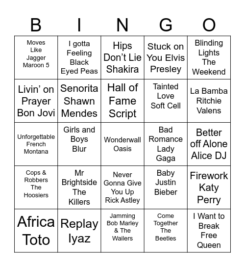 Rock and Roll Bingo Card