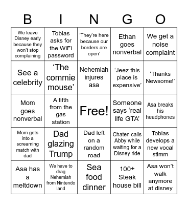 Family Vacation Bingo Card