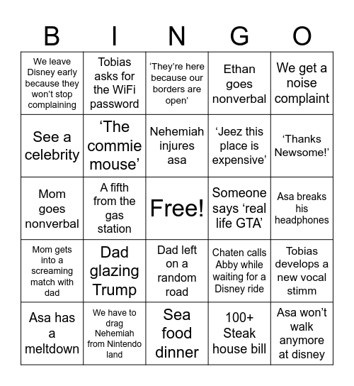 Family Vacation Bingo Card