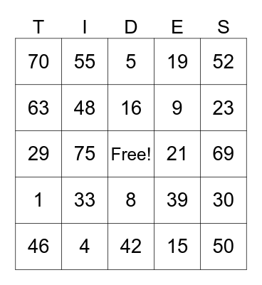 Tides At Midtown Bino Nite Bingo Card