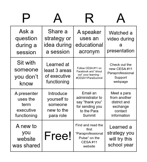 CESA 11 Para Summit 2024 Bingo Card