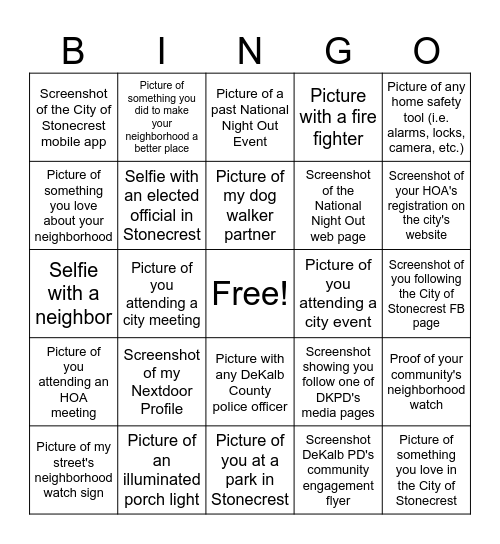 City of Stonecrest National Night Out Bingo Card