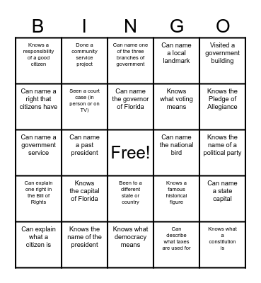 Civics Introductory Bingo Card