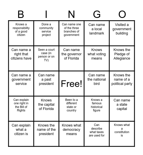 Civics Introductory Bingo Card