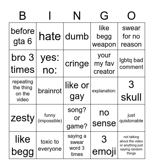 yt short bingo Card