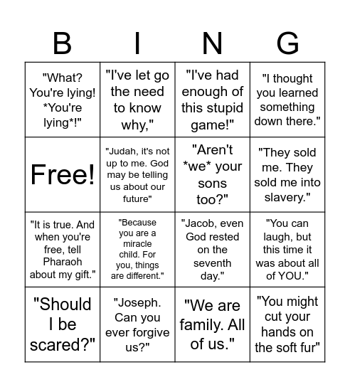 Joseph King of Dreams Movie Bingo! Bingo Card