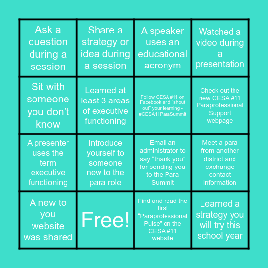 CESA 11 Paraprofessional Summer Summit Bingo 2024 Bingo Card