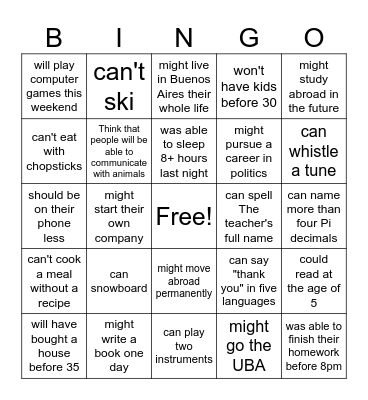 Modal Verbs: Find someone who... Bingo Card