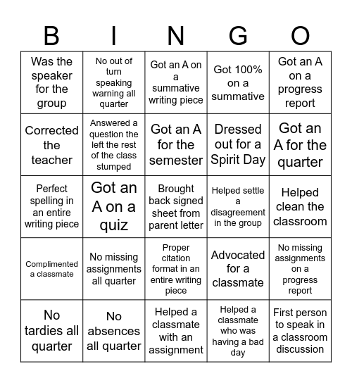 Mrs. Richardson's Class Bingo Card