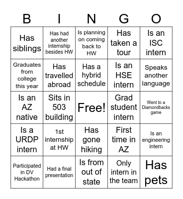 Meet & Greet Intern Bingo Card