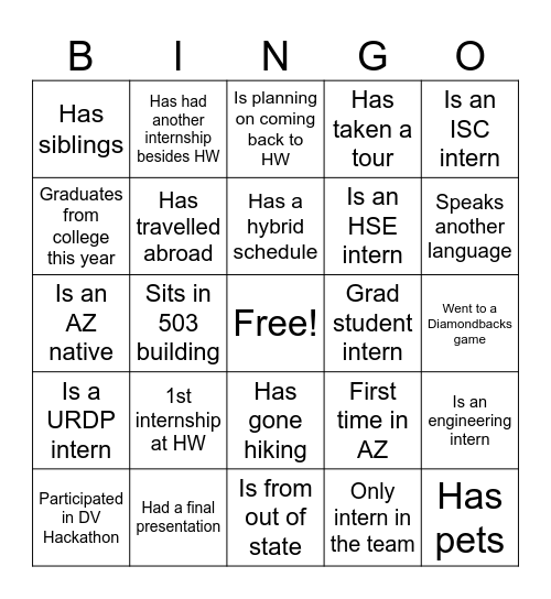 Meet & Greet Intern Bingo Card