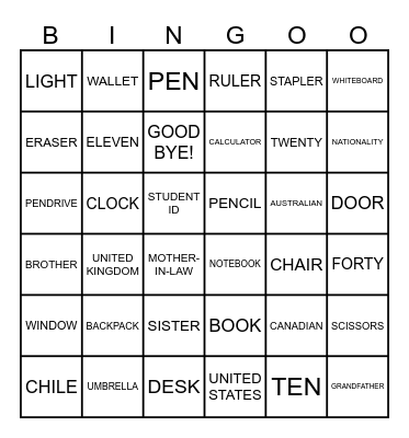 CLASSROOM OBJECTS Bingo Card