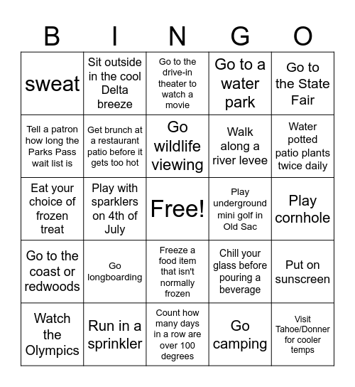 Summer in Sacramento Bingo Card