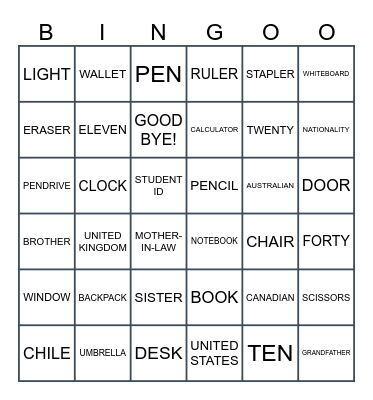CLASSROOM OBJECTS Bingo Card