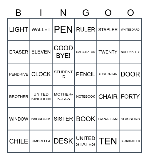 CLASSROOM OBJECTS Bingo Card