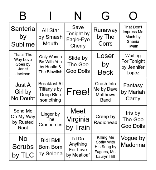 90's Bingo Card