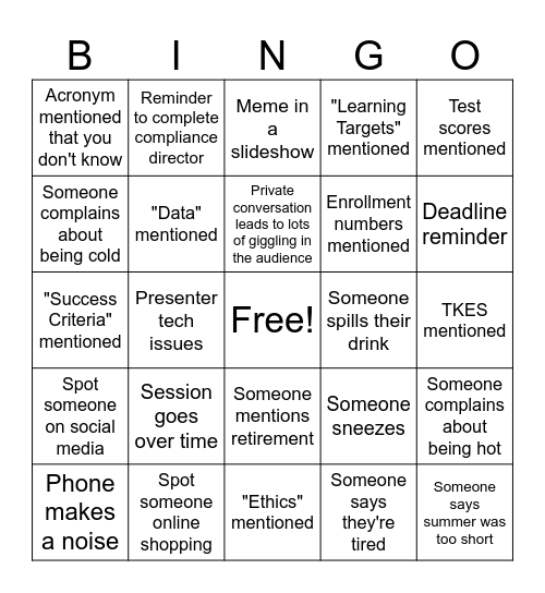 Professional Development Bingo Card