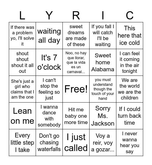 Finish the Lyrics 80's 90's 2000's Bingo Card