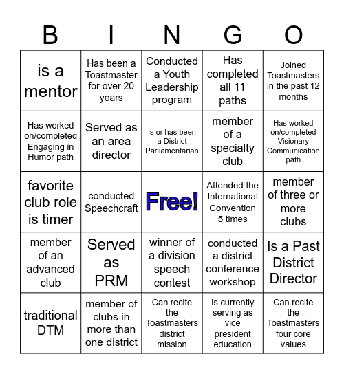 Region 5 Toastmasters Bingo Card