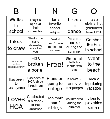 First Day of School Bingo Card