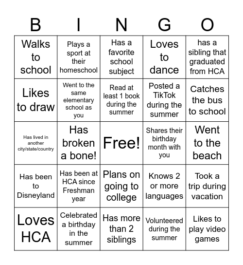 First Day of School Bingo Card