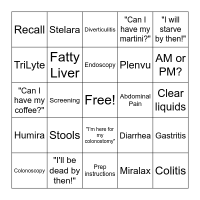 Digestive Health Bingo Card