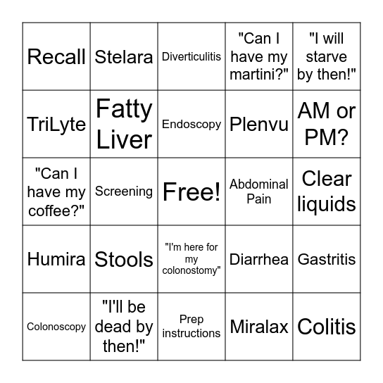 Digestive Health Bingo Card