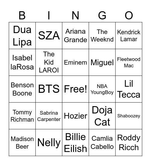 Music Bingo Card