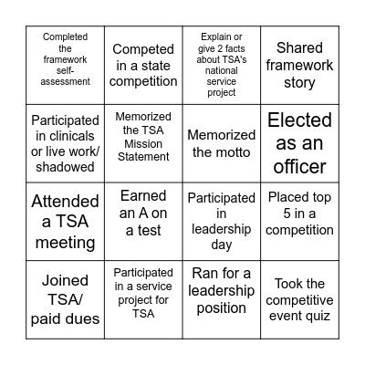 TSA Bingo Card