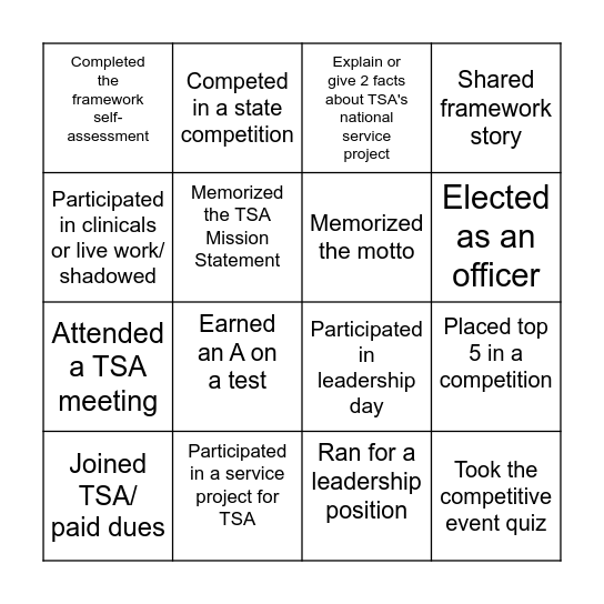 TSA Bingo Card