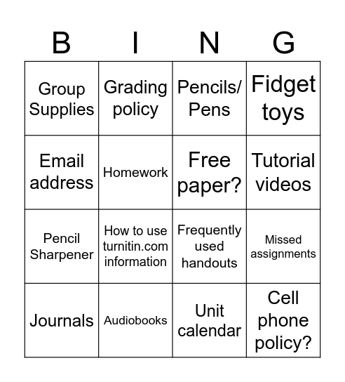 Where and How, Room 56 Bingo Card