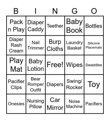 Baby Shower Gifts Bingo Card